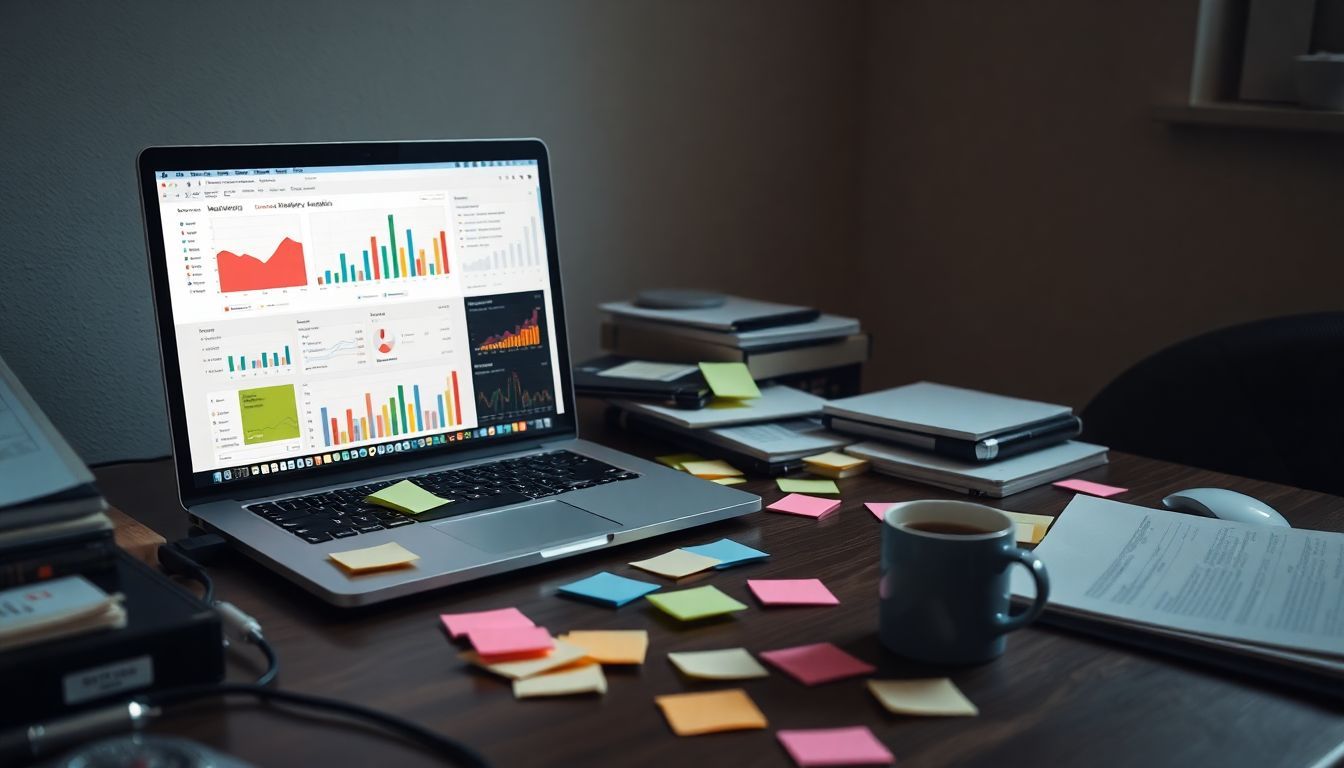 A cluttered desk with open laptop displaying marketing analytics charts.