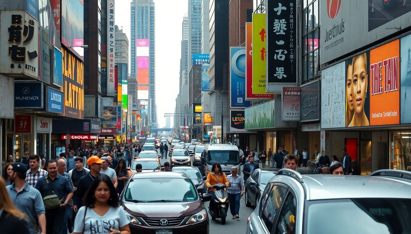 A bustling city street with people, vehicles, and colorful advertisements.