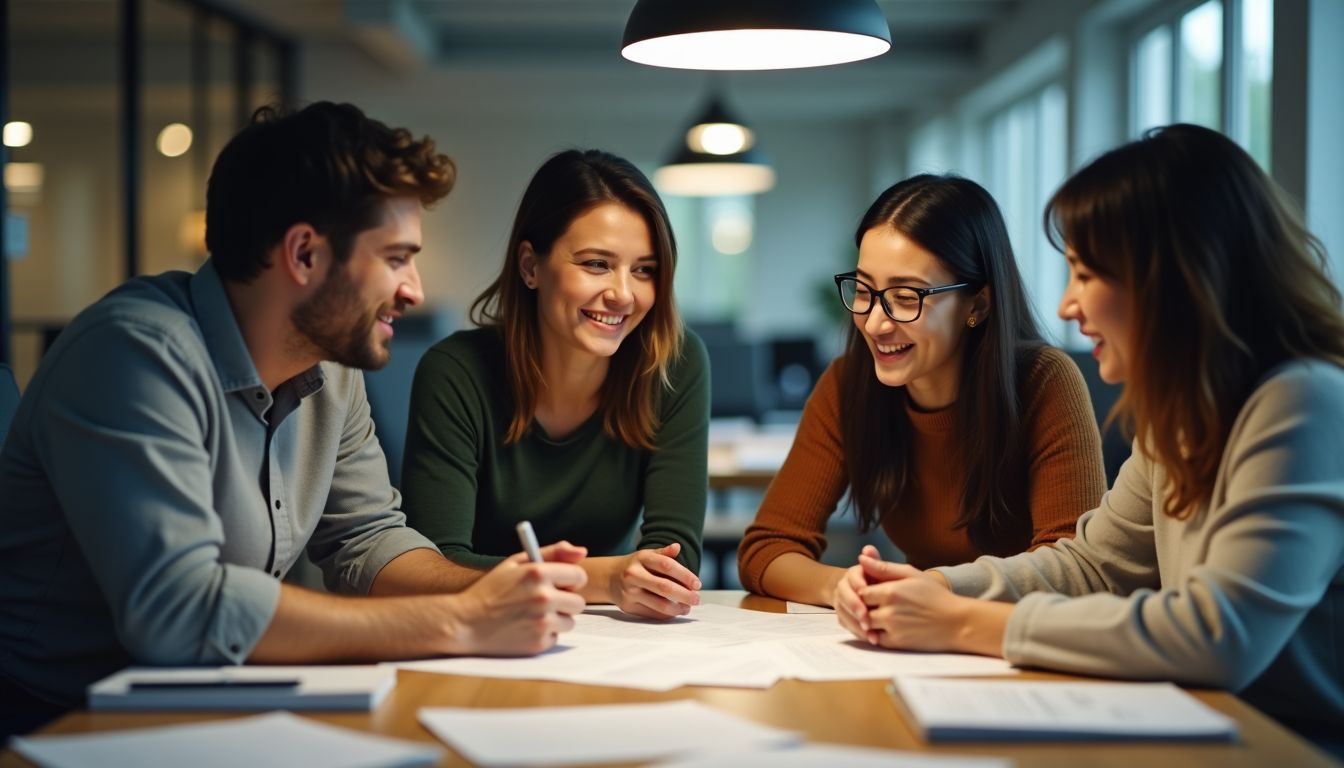 A diverse team collaborates on a marketing campaign in a modern office. A diverse team collaborates on a marketing campaign in a modern office.