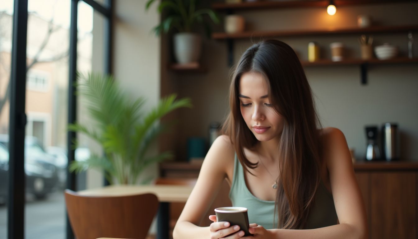 A young woman enjoying sustainable coffee in a cozy cafe.