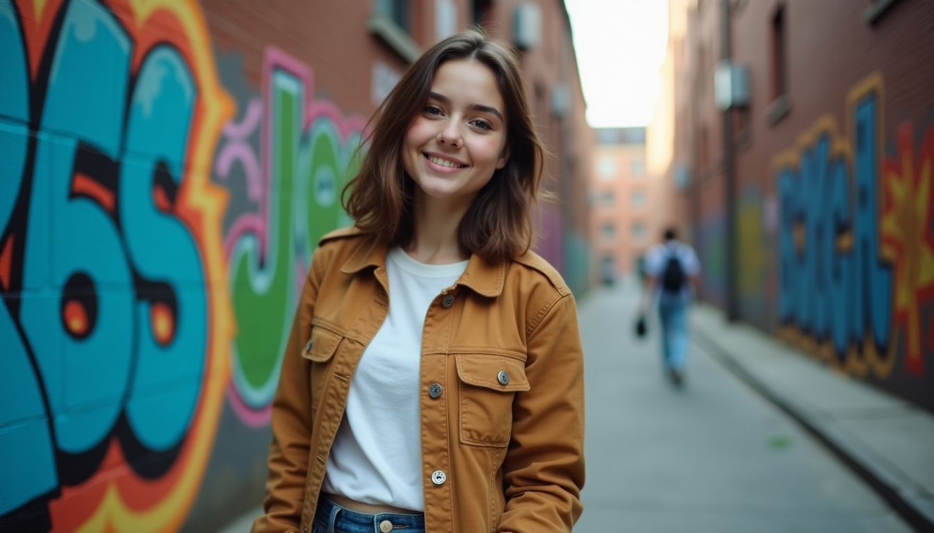 A confident young adult standing in an urban setting with graffiti.