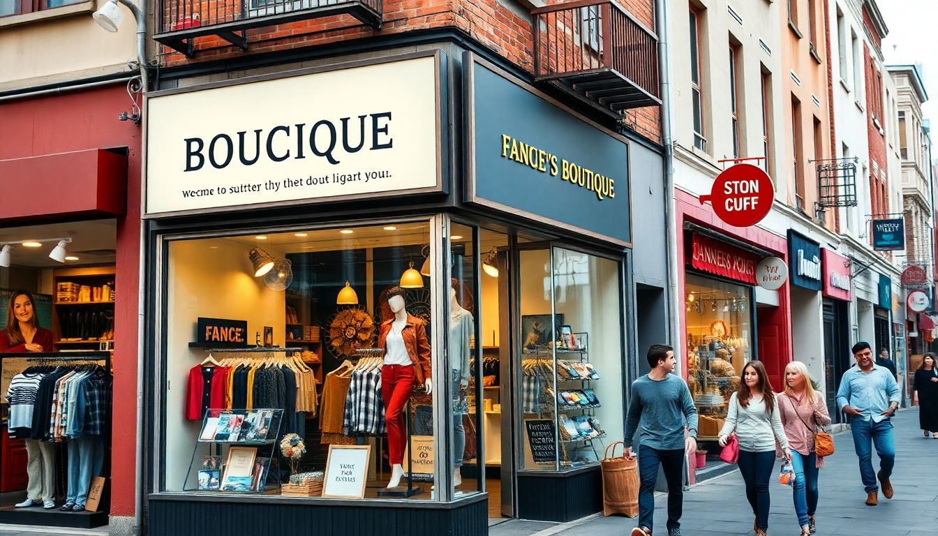 A trendy boutique store in a lively shopping district with vibrant displays.