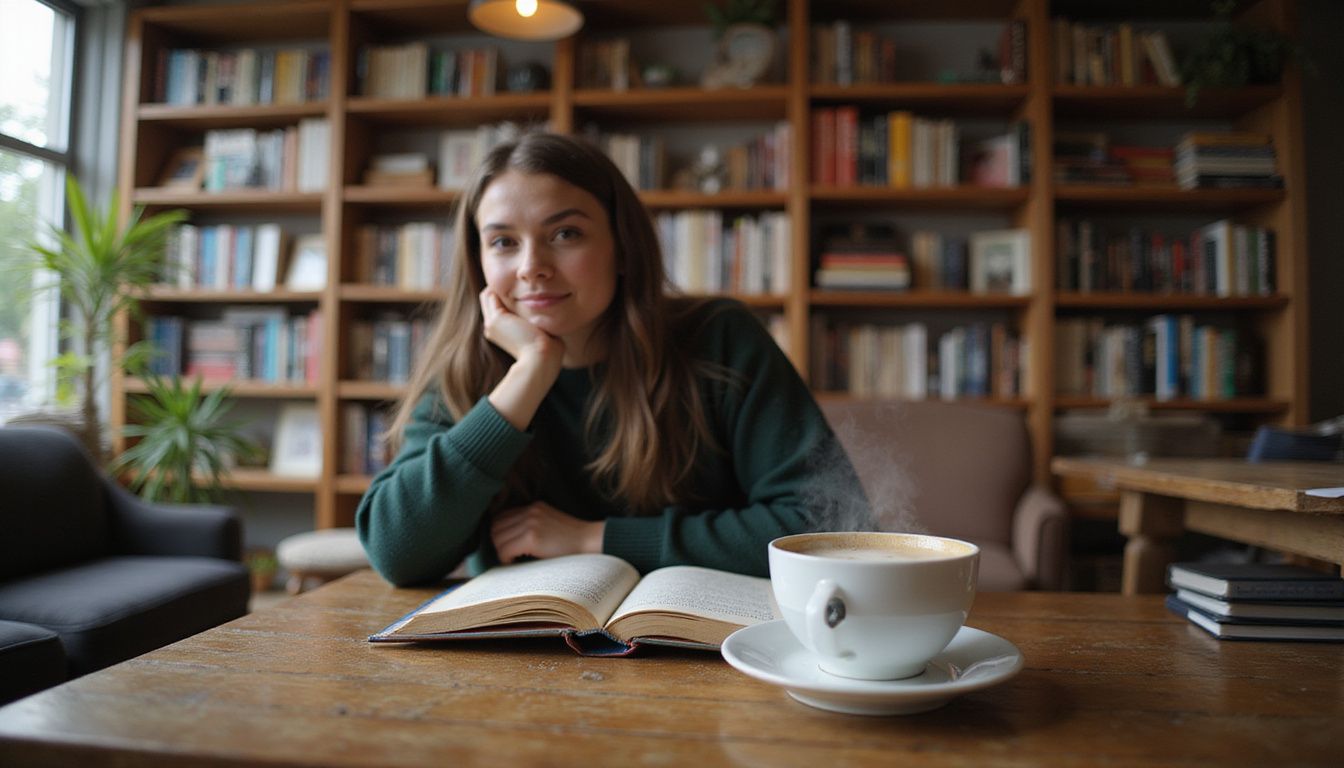 A cozy bookstore with neatly arranged books, comfortable reading nook, and coffee. A cozy bookstore with neatly arranged books, comfortable reading nook, and coffee.