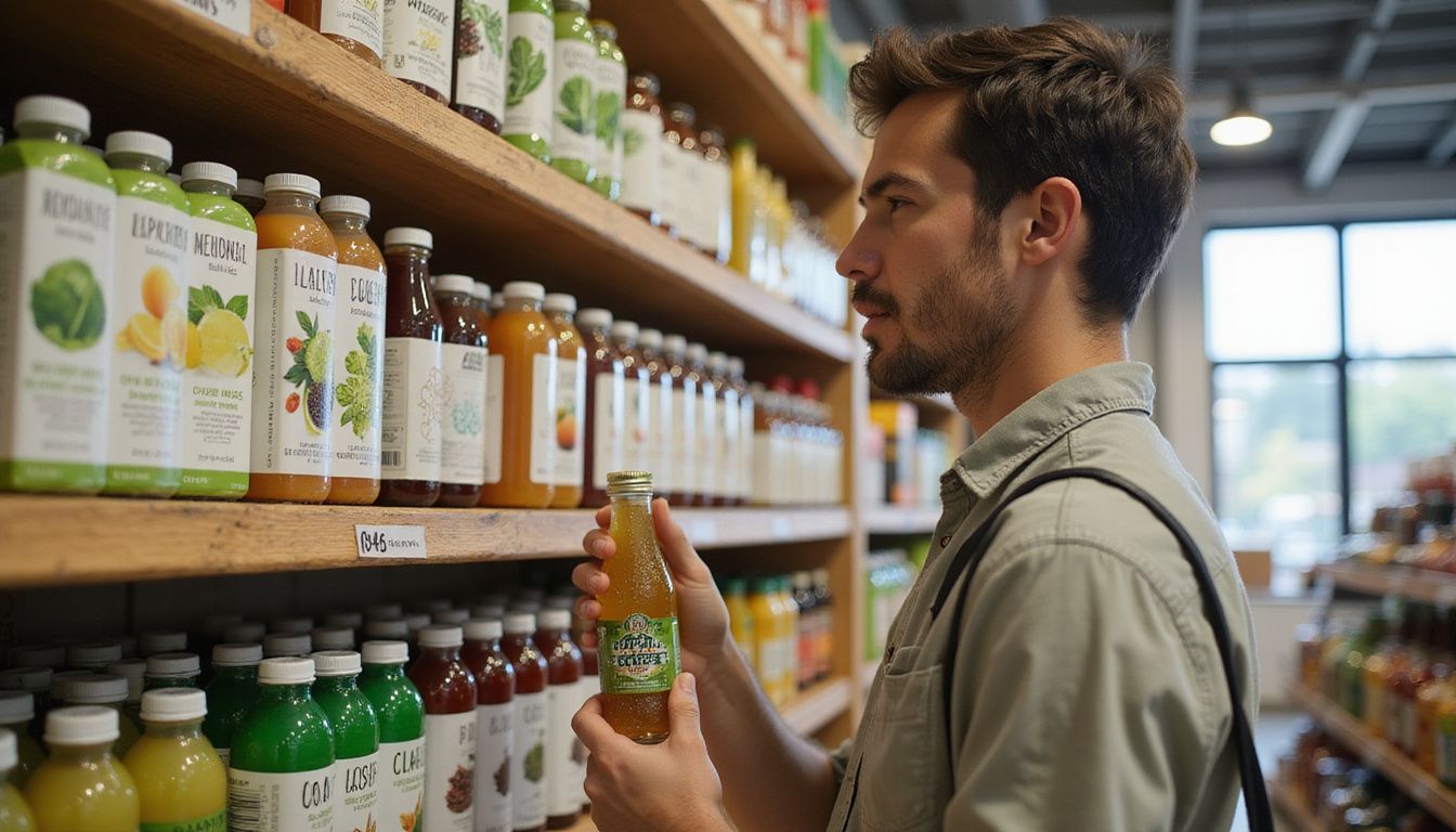 A young shopper examines assorted healthy beverages in a grocery store. A young shopper examines assorted healthy beverages in a grocery store.