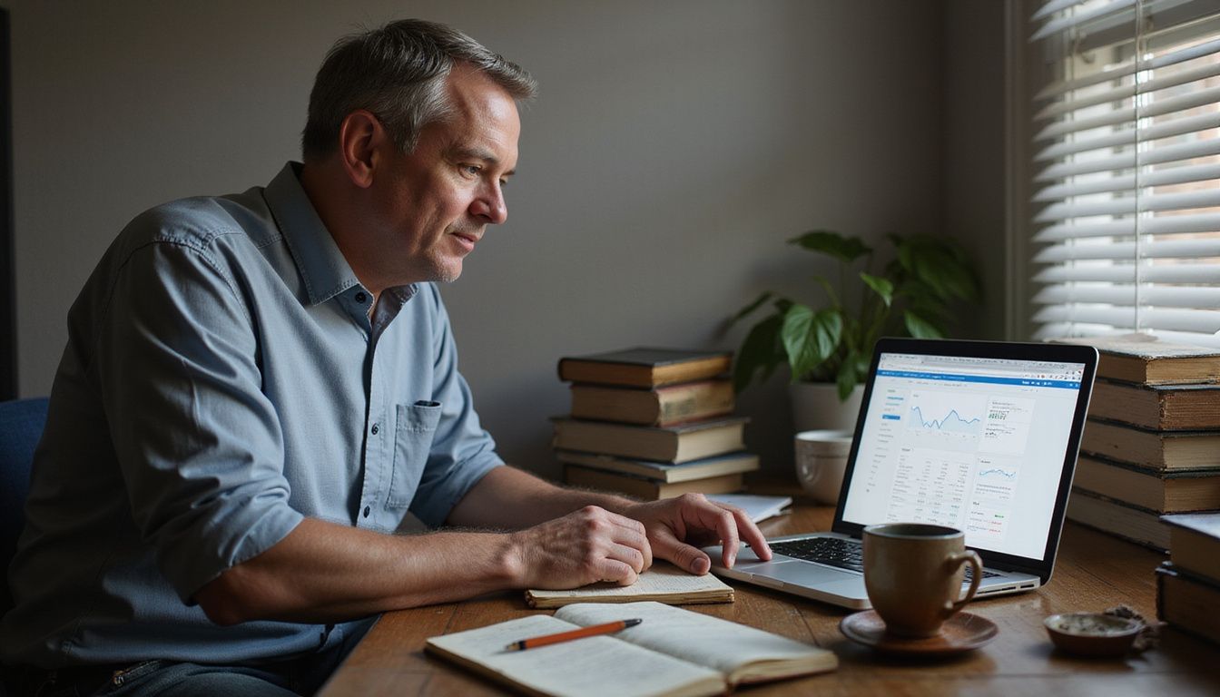 A focused writer sits at his cluttered desk, working on his laptop. A focused writer sits at his cluttered desk, working on his laptop.