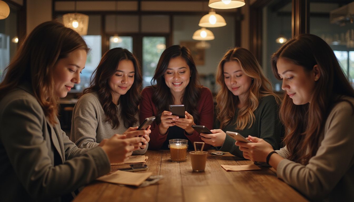 Young women using Bumble app in casual coffee shop, feeling empowered. Young women using Bumble app in casual coffee shop, feeling empowered.