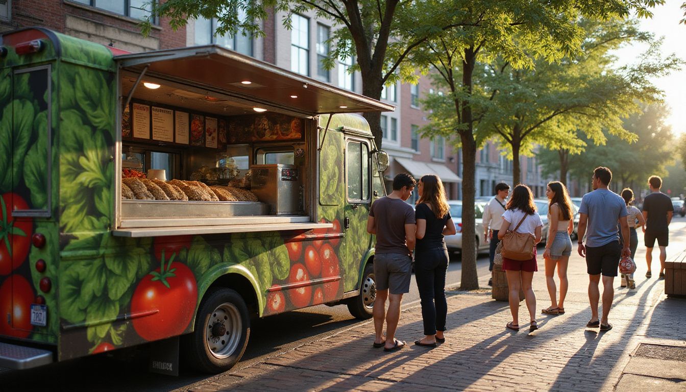 A vibrant Chipotle food truck serves diverse patrons in an urban setting. A vibrant Chipotle food truck serves diverse patrons in an urban setting.