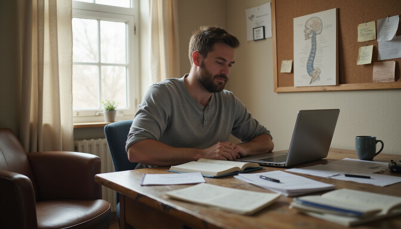A chiropractor working in a cozy, cluttered office space. A chiropractor working in a cozy, cluttered office space.