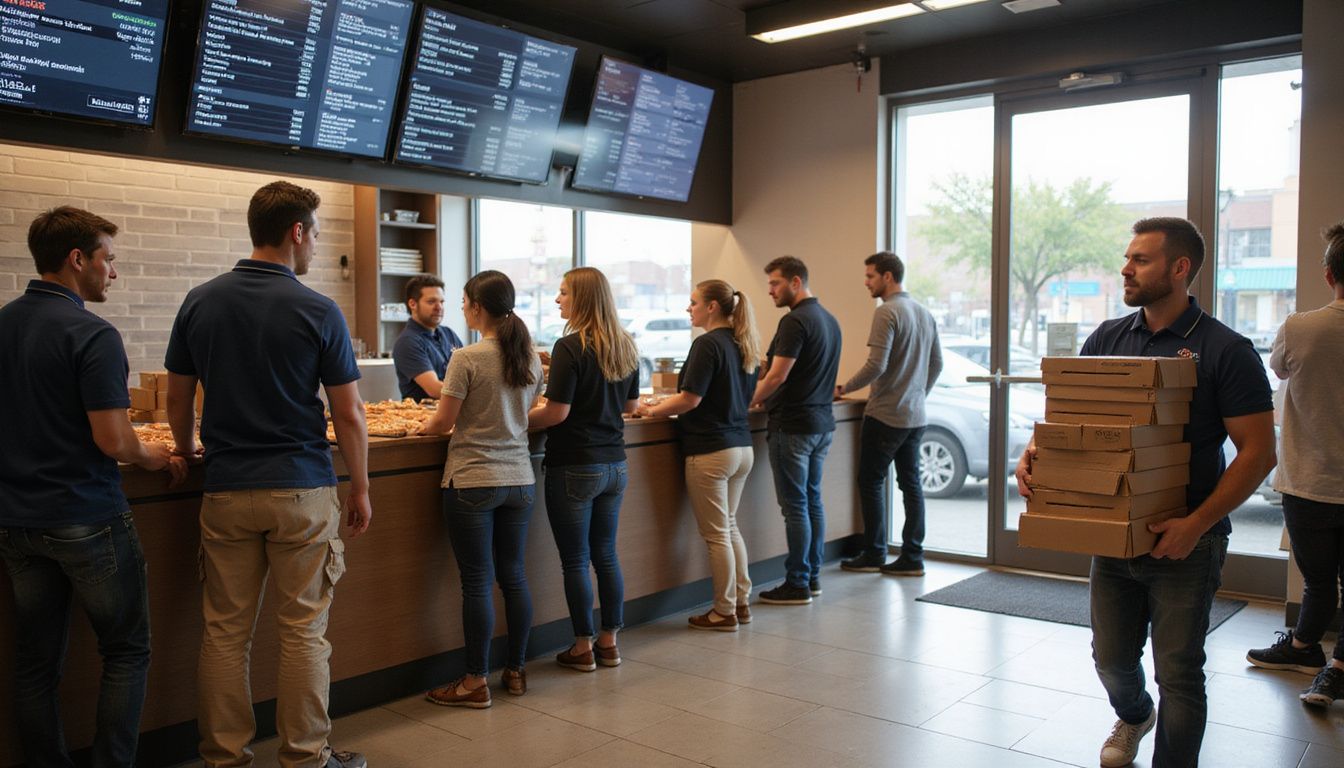 A busy Domino's store with staff fulfilling orders and customers waiting. A busy Domino's store with staff fulfilling orders and customers waiting.