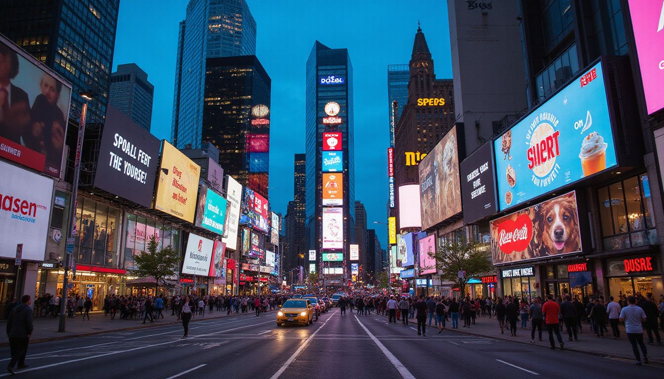 Vibrant city skyline with illuminated business signs and billboards at dusk. Vibrant city skyline with illuminated business signs and billboards at dusk.