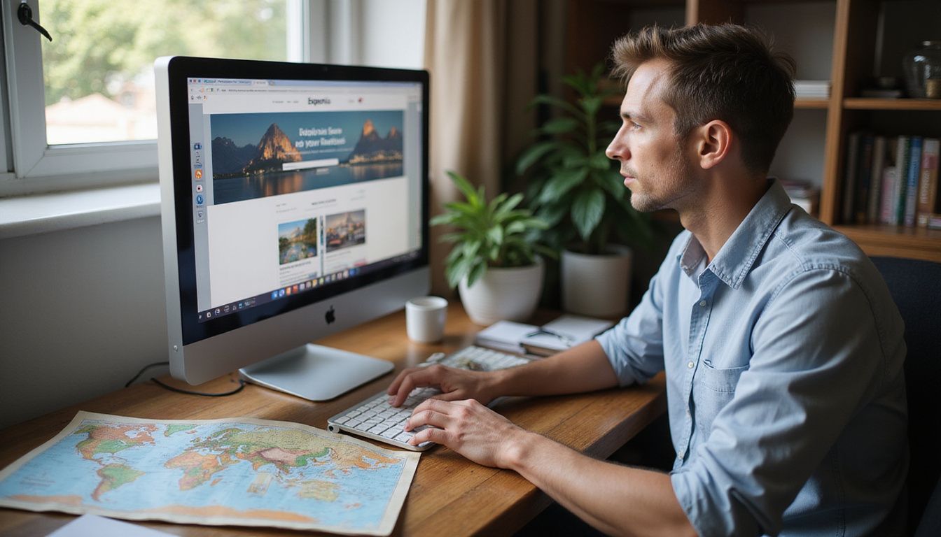 A person is browsing the Expedia website on their cluttered desk. A person is browsing the Expedia website on their cluttered desk.