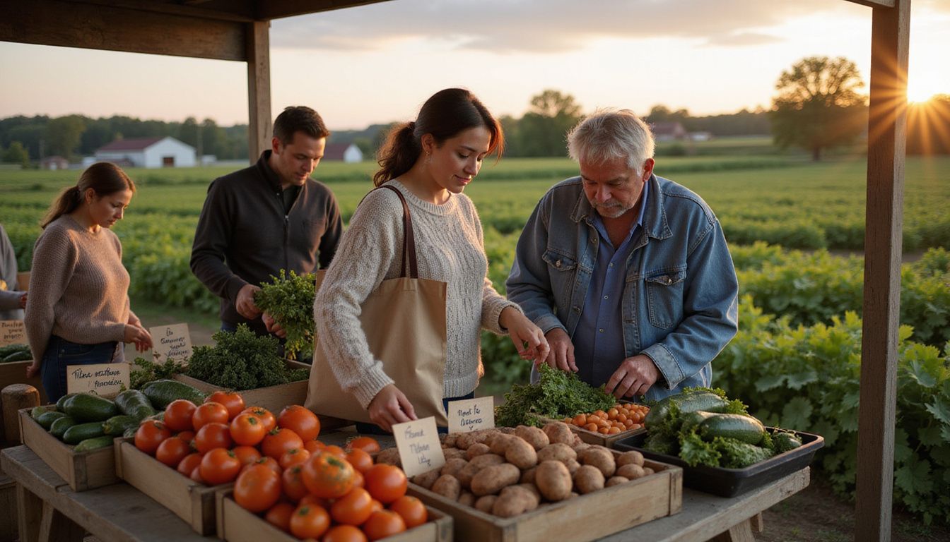 A busy farmers' market stall with fresh produce and shoppers. A busy farmers' market stall with fresh produce and shoppers.