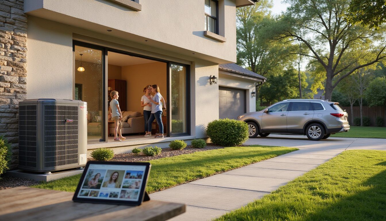 A modern suburban home with a heat pump, SUV, and family. A modern suburban home with a heat pump, SUV, and family.