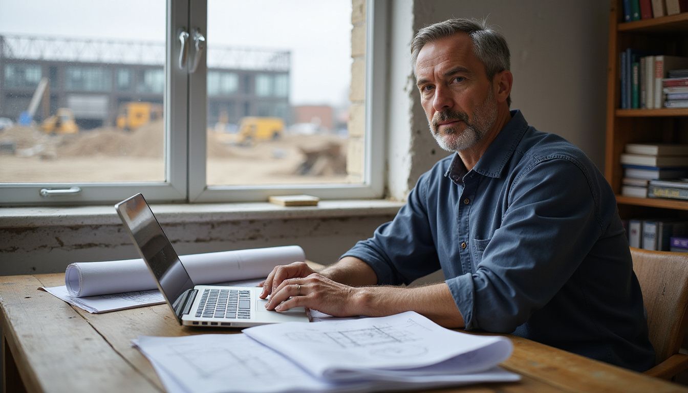 A middle-aged man works at a cluttered desk in a home office. A middle-aged man works at a cluttered desk in a home office.