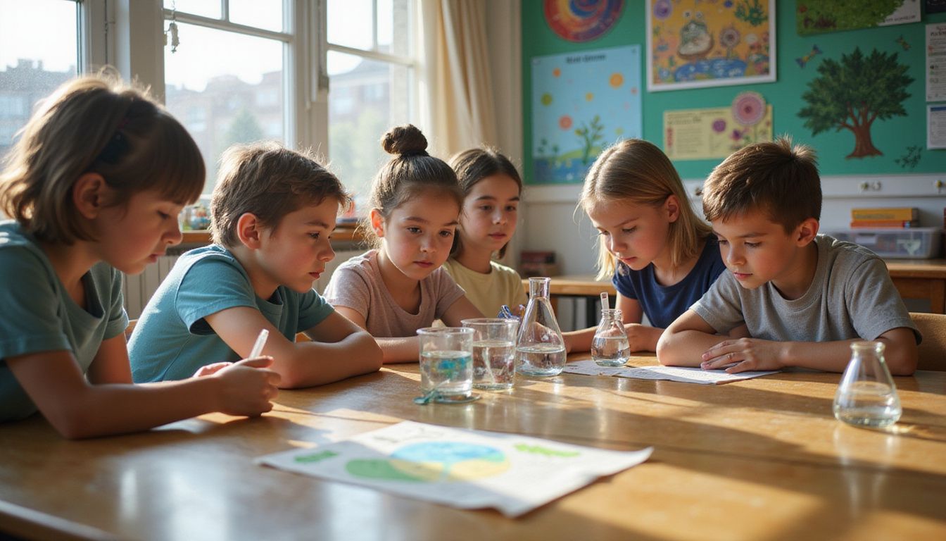 Elementary school students conducting a science experiment in a classroom. Elementary school students conducting a science experiment in a classroom.