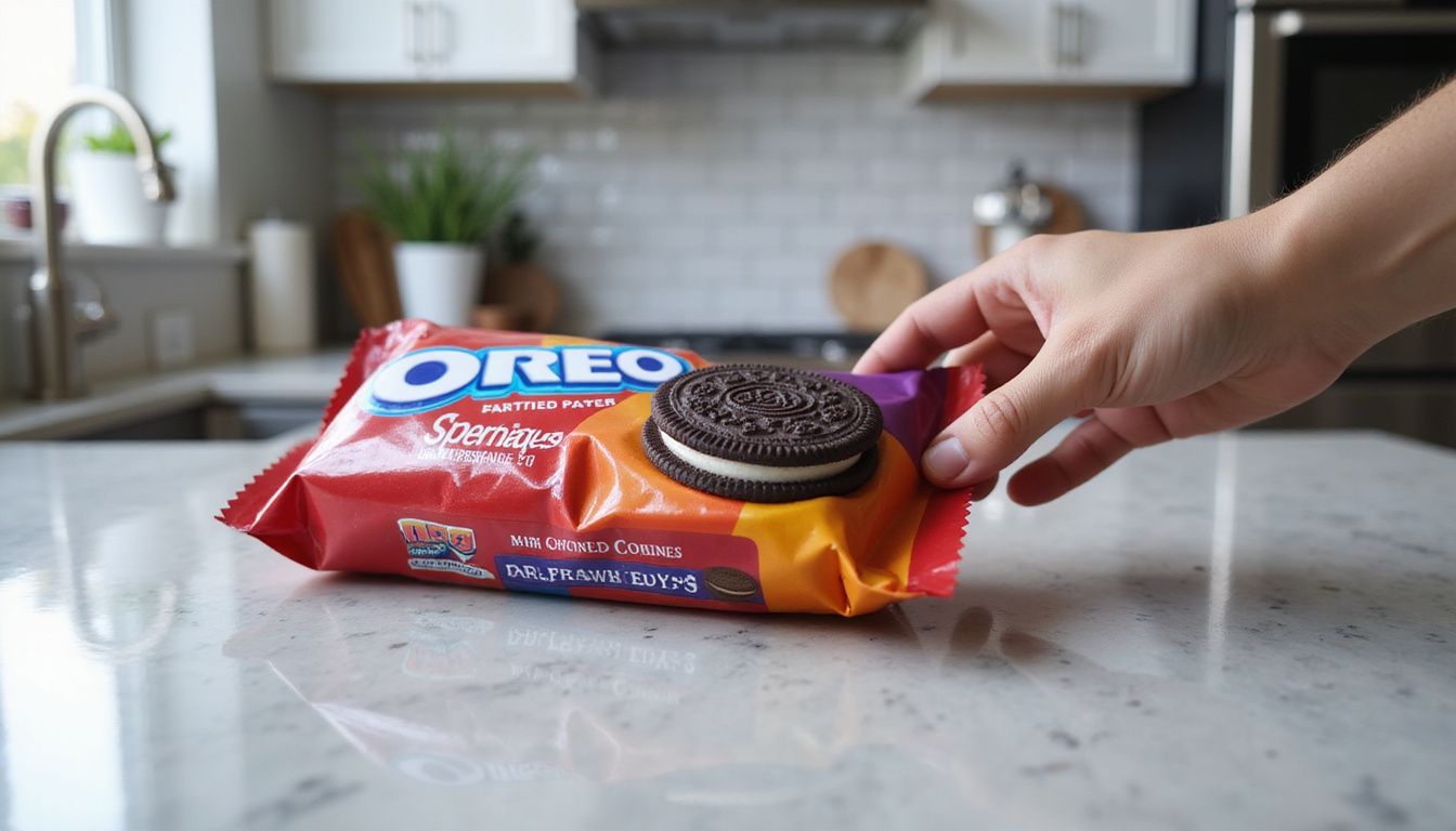 Close-up of Oreo cookie package on quartz countertop in modern kitchen. Close-up of Oreo cookie package on quartz countertop in modern kitchen.