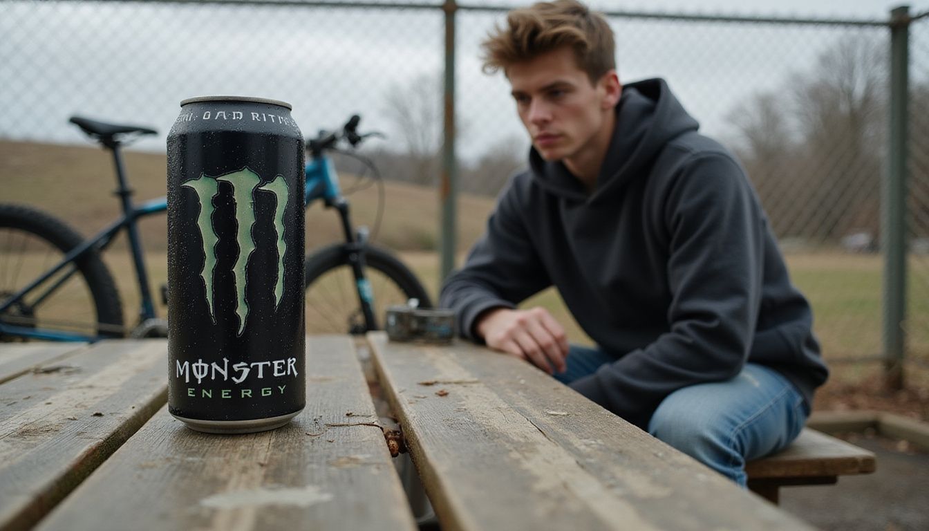 A matte black Monster Energy can with claw marks, dewdrops, and extreme sports gear. A matte black Monster Energy can with claw marks, dewdrops, and extreme sports gear.