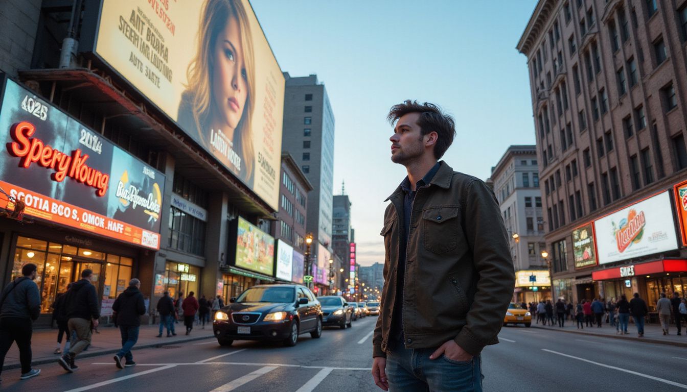 A busy urban street corner with a towering movie billboard at dusk. A busy urban street corner with a towering movie billboard at dusk.