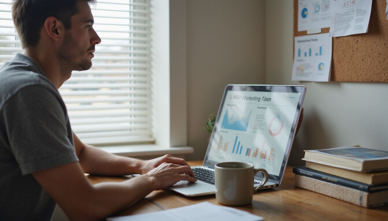 A person working on a marketing plan in a home office. A person working on a marketing plan in a home office.