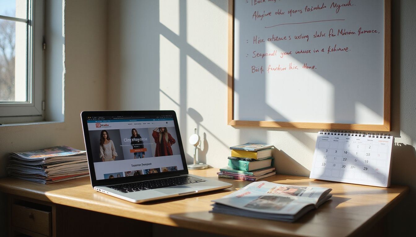 A cluttered office desk with Myntra website open, fashion magazines, and marketing notes. A cluttered office desk with Myntra website open, fashion magazines, and marketing notes.