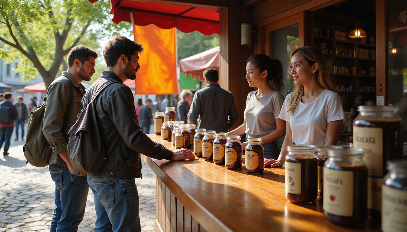 A Nescafe promotion booth at a busy outdoor market. A Nescafe promotion booth at a busy outdoor market.