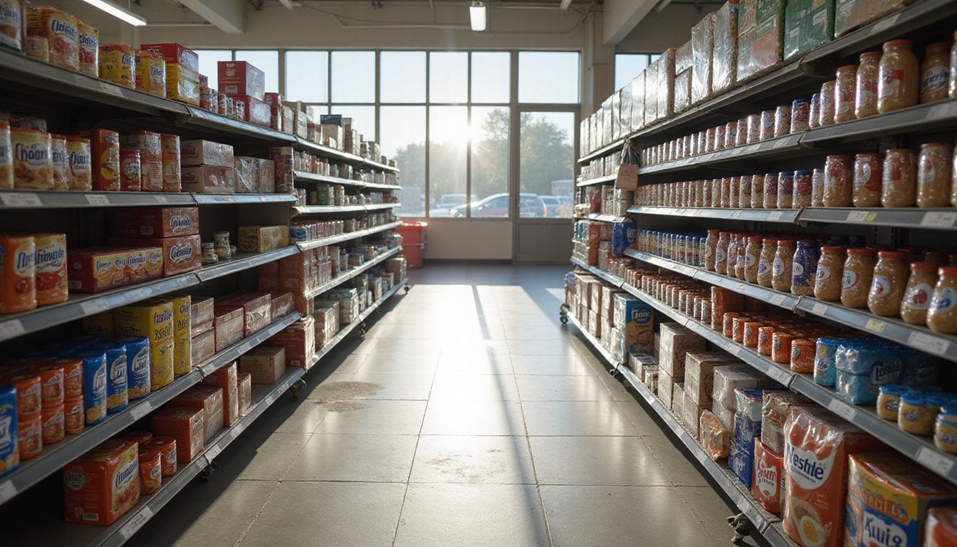 A deserted grocery store aisle filled with Nestlé products in natural light. A deserted grocery store aisle filled with Nestlé products in natural light.