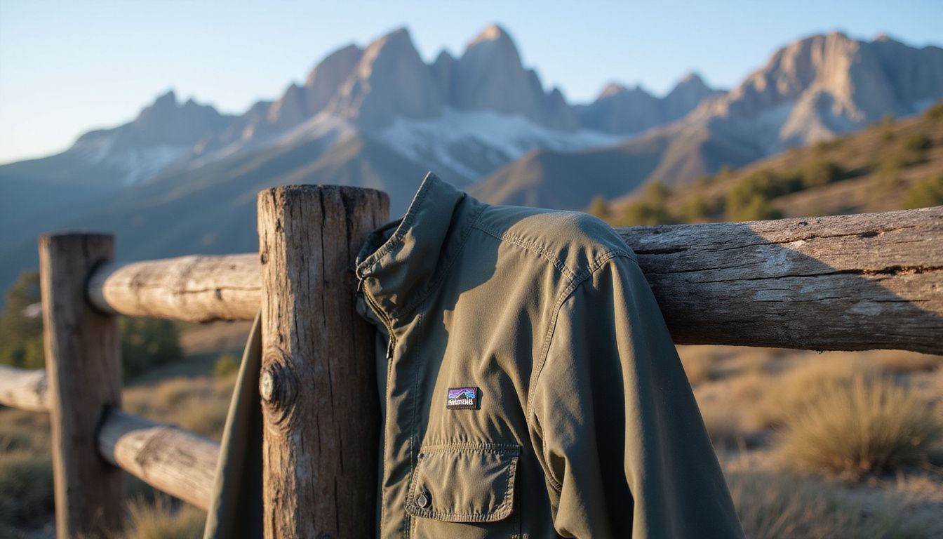 A weathered Patagonia jacket hangs on a rustic wooden fence post. A weathered Patagonia jacket hangs on a rustic wooden fence post.