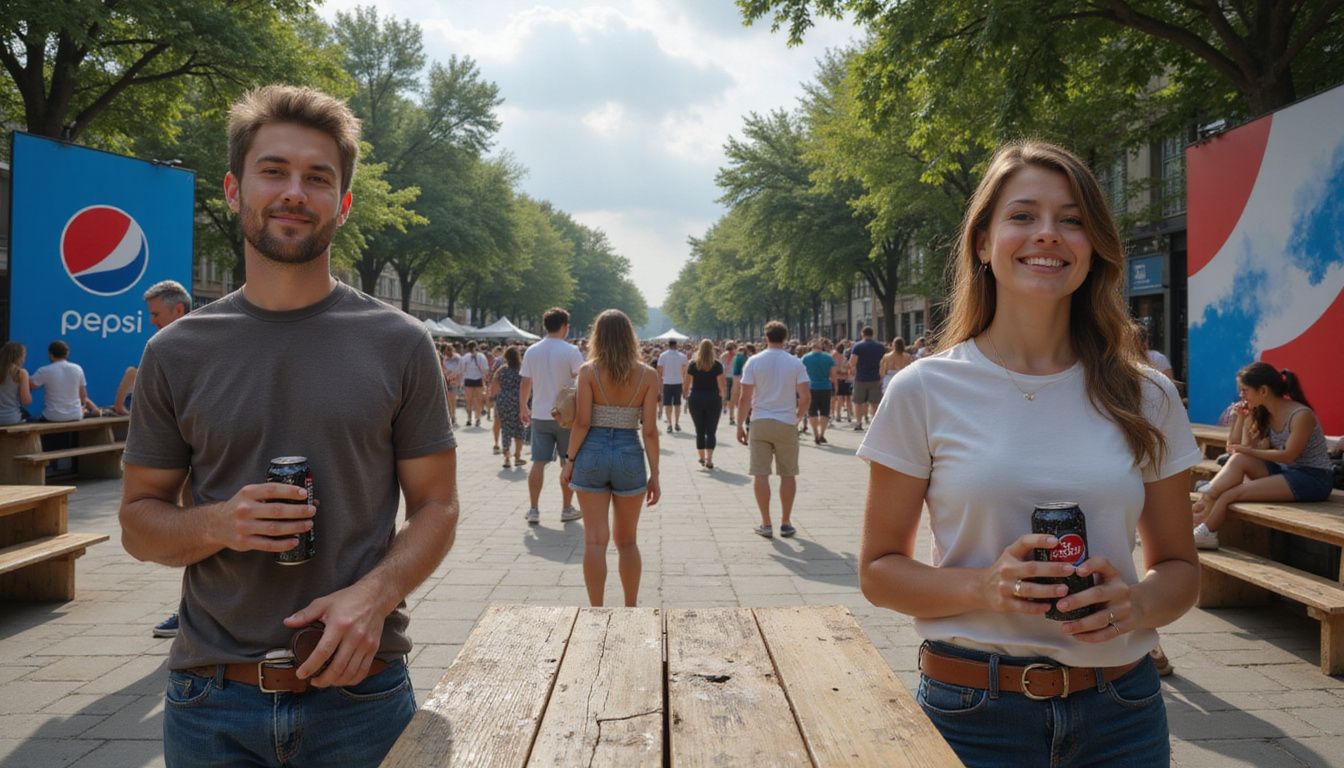 A lively outdoor event with people enjoying Pepsi in casual attire. A lively outdoor event with people enjoying Pepsi in casual attire.