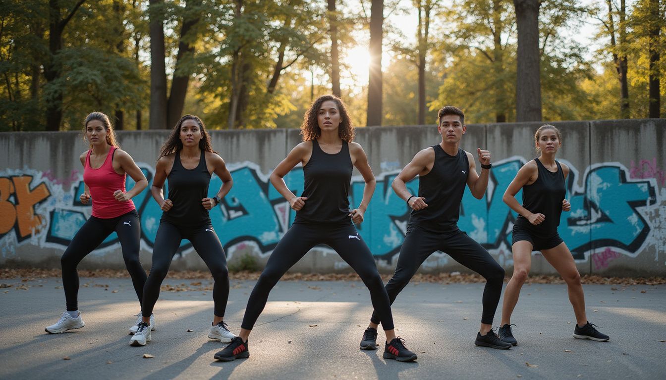 A diverse group of young adults in Puma sportswear exercising in an urban park at dusk. A diverse group of young adults in Puma sportswear exercising in an urban park at dusk.