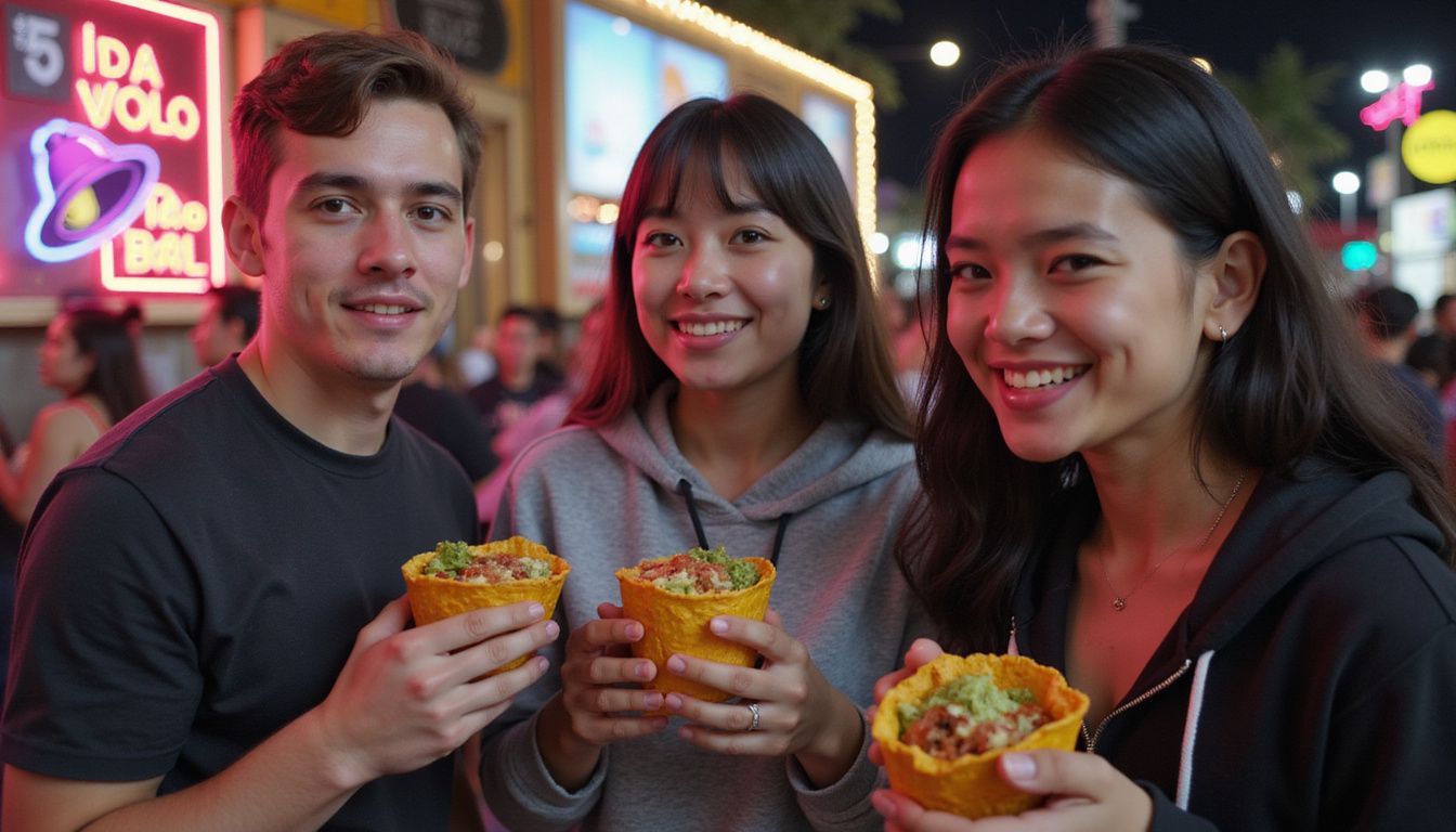 A group of diverse young adults enjoying Taco Bell's new Doritos taco at a food truck festival. A group of diverse young adults enjoying Taco Bell's new Doritos taco at a food truck festival.