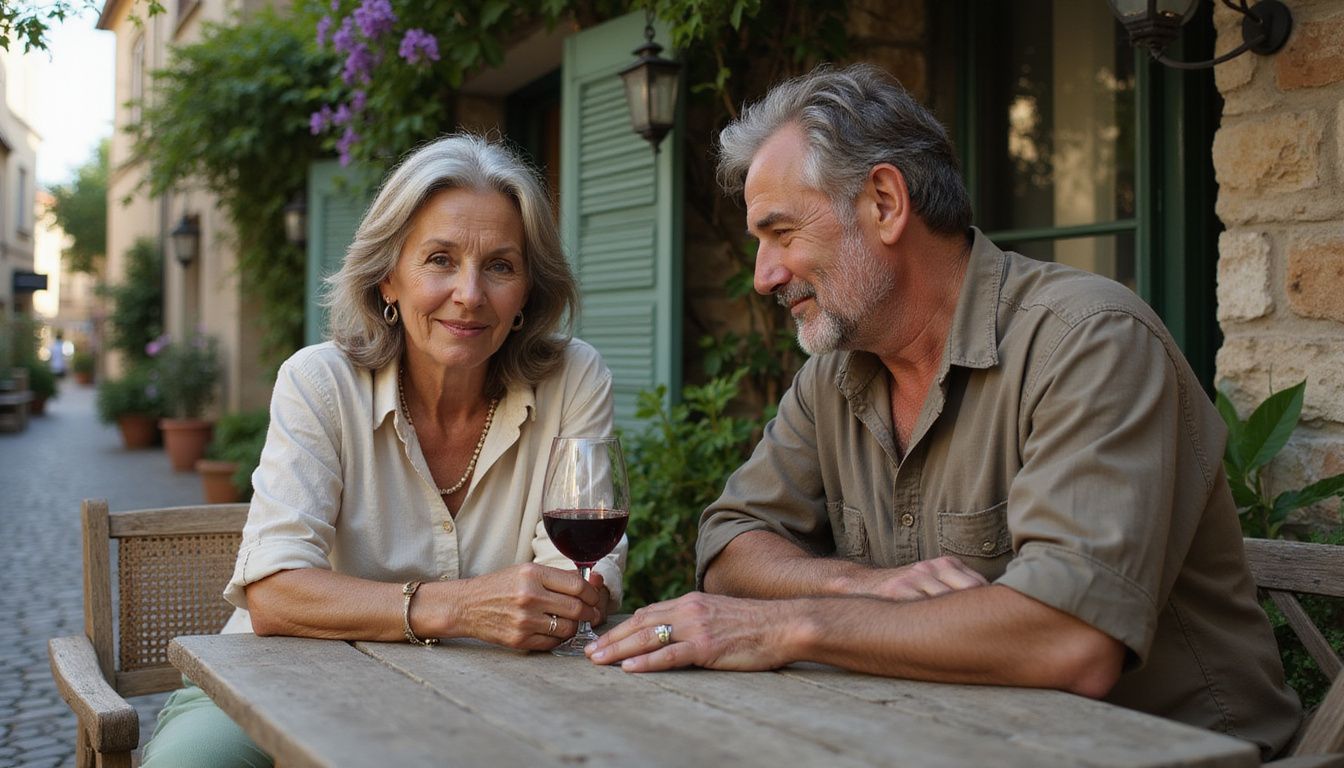 An older couple enjoying a quiet conversation over wine at a rustic European café. An older couple enjoying a quiet conversation over wine at a rustic European café.