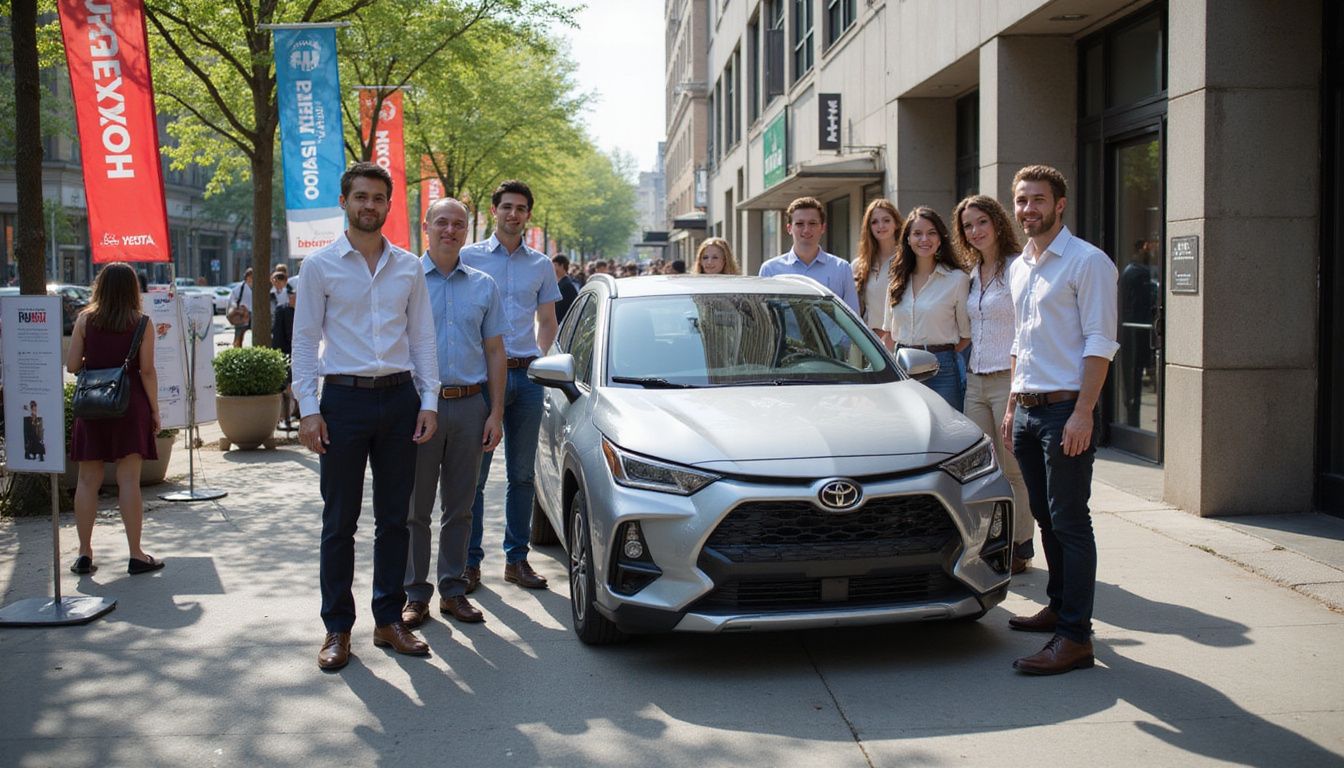 A diverse group of young professionals gathers around Toyota's latest hybrid car at an outdoor urban expo. A diverse group of young professionals gathers around Toyota's latest hybrid car at an outdoor urban expo.