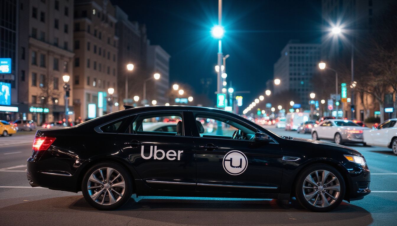 A modern Uber car parked in a busy city at night. A modern Uber car parked in a busy city at night.