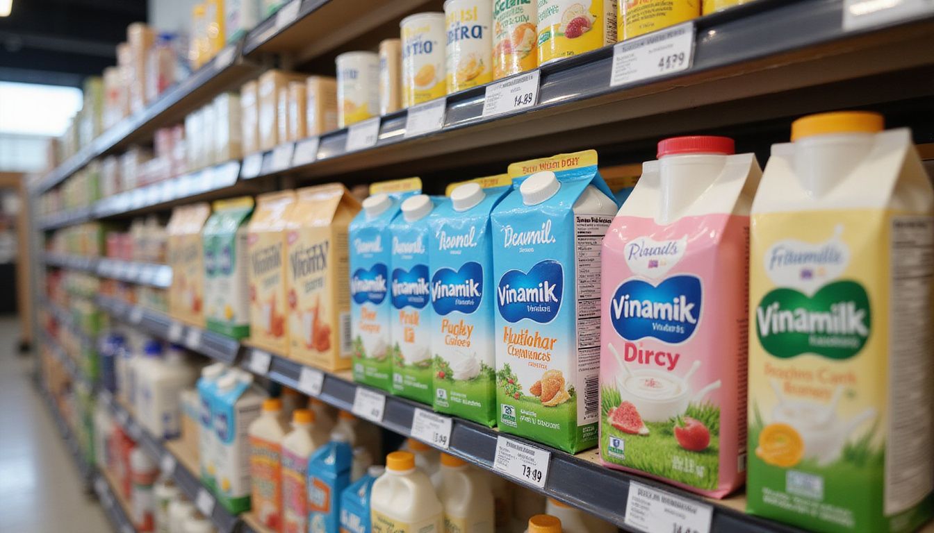 A close-up of various Vinamilk dairy products in a grocery store. A close-up of various Vinamilk dairy products in a grocery store.