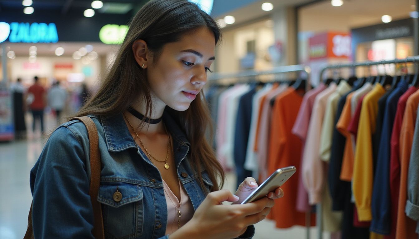 A young woman in her 20s browsing Zalora's app in a shopping mall. A young woman in her 20s browsing Zalora's app in a shopping mall.