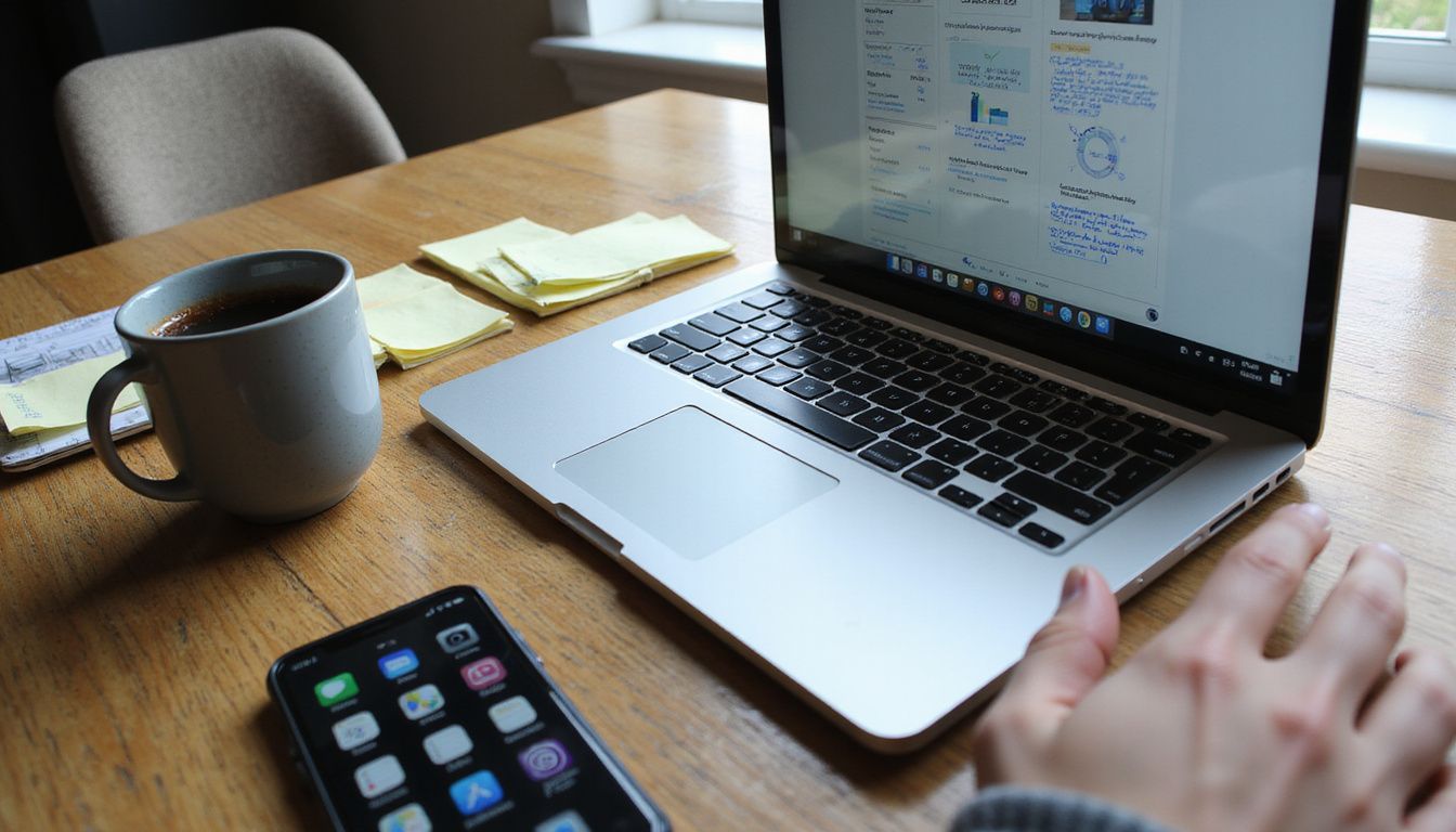 A cluttered home office desk with laptop, coffee mug, smartphone, and notes. A cluttered home office desk with laptop, coffee mug, smartphone, and notes.