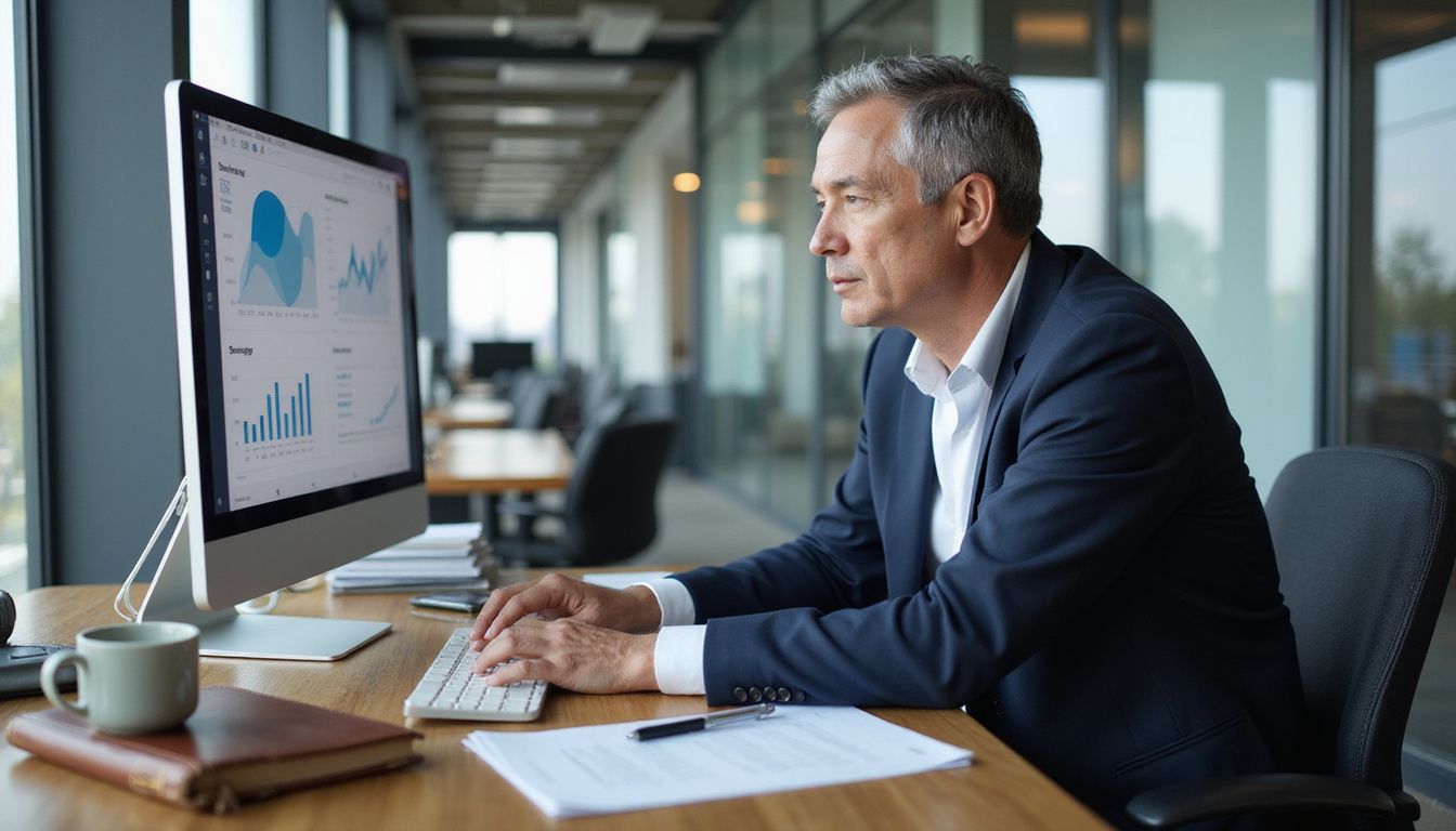 A Boeing marketing executive in a modern office, analyzing market data. A Boeing marketing executive in a modern office, analyzing market data.
