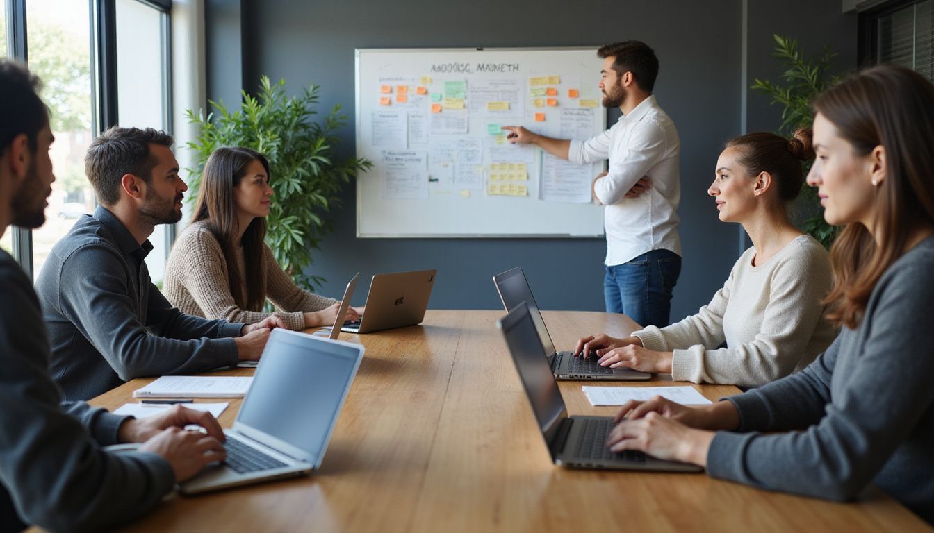 A diverse group of professionals collaborate on a marketing strategy in a modern office space. A diverse group of professionals collaborate on a marketing strategy in a modern office space.