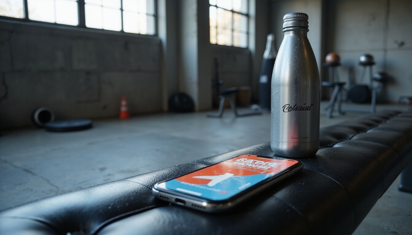 A sleek aluminum energy drink bottle rests on a gym bench. A sleek aluminum energy drink bottle rests on a gym bench.