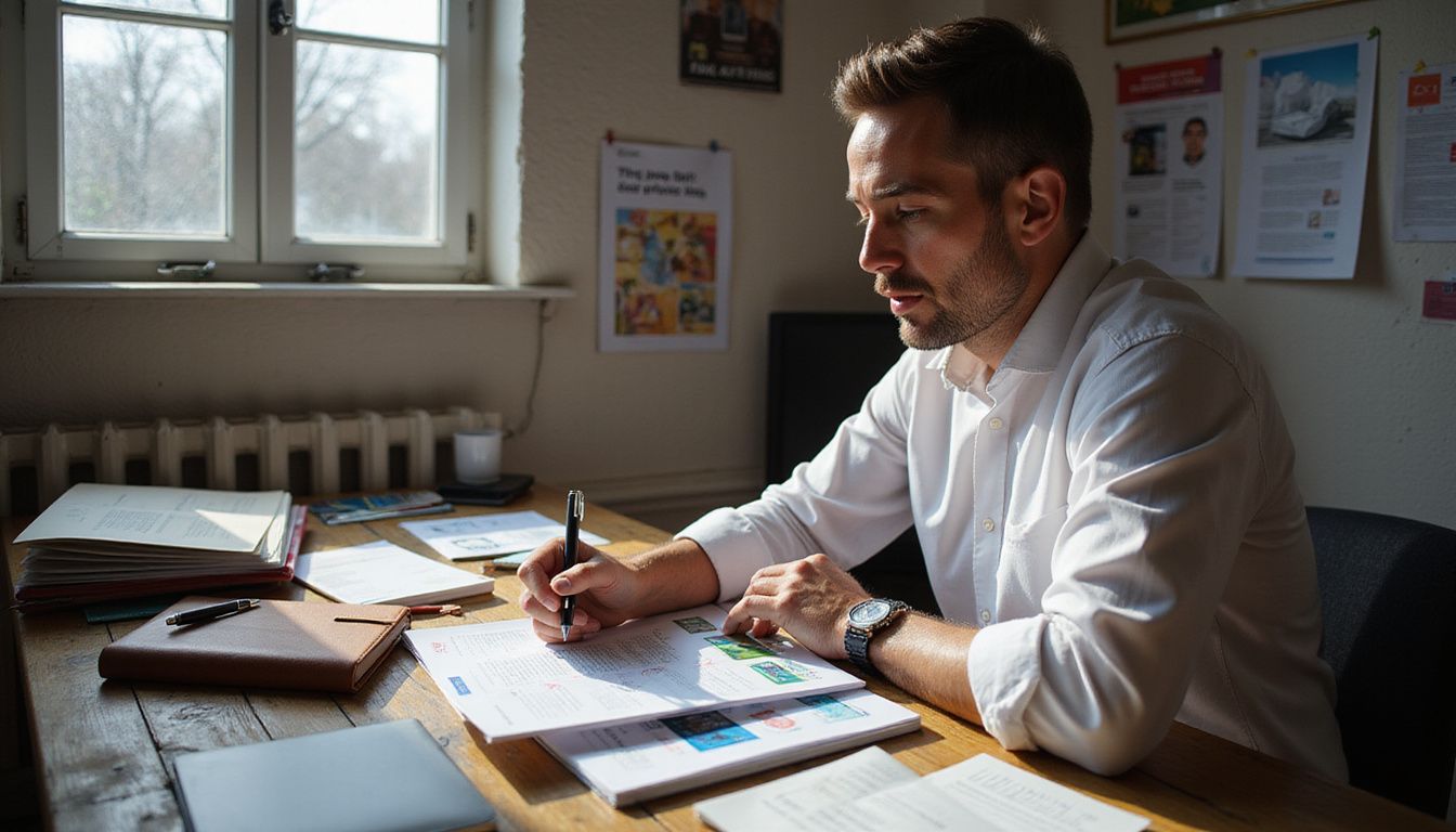 A marketing strategist reviews competitor brochures in a cluttered office. A marketing strategist reviews competitor brochures in a cluttered office.