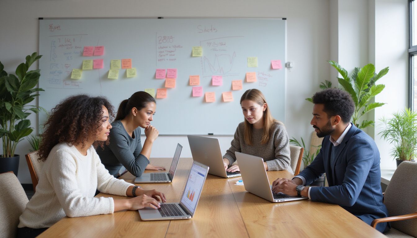 Diverse group collaborates on credit union marketing campaign in modern office. Diverse group collaborates on credit union marketing campaign in modern office.