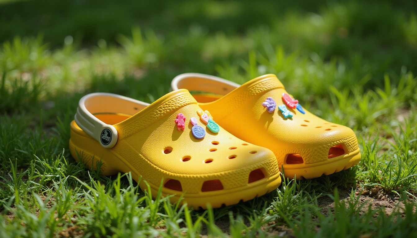 Vibrant yellow Crocs with Jibbitz charms on fresh green grass. Vibrant yellow Crocs with Jibbitz charms on fresh green grass.