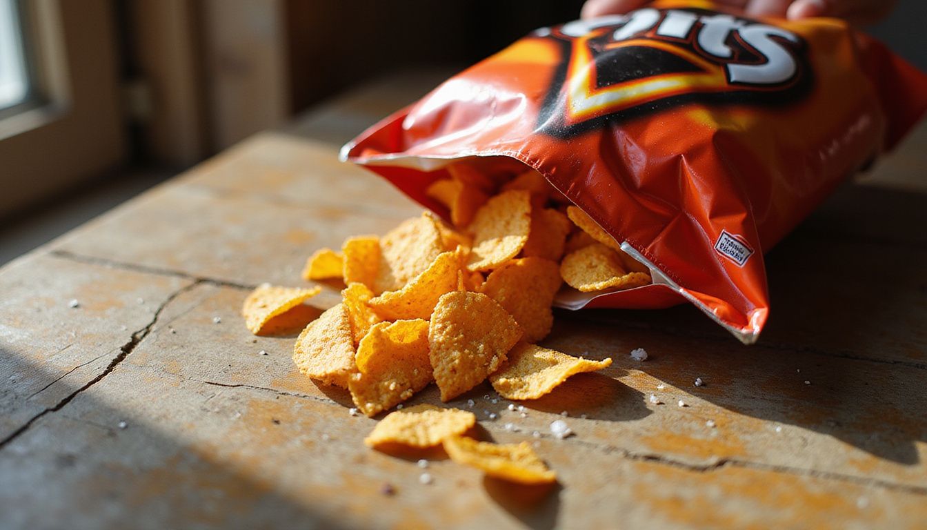 A bag of Doritos and chip crumbs on a wooden table. A bag of Doritos and chip crumbs on a wooden table.
