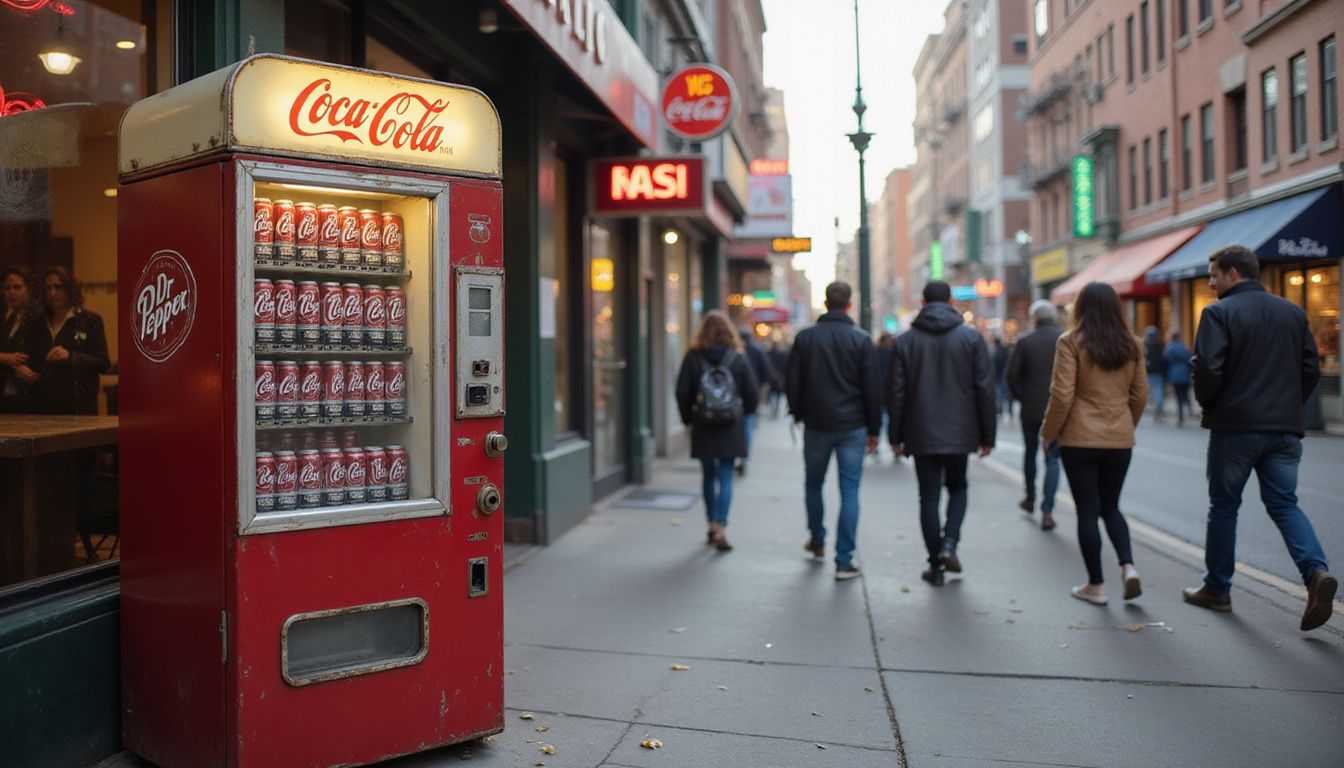 A vintage soda vending machine on a busy urban sidewalk. A vintage soda vending machine on a busy urban sidewalk.