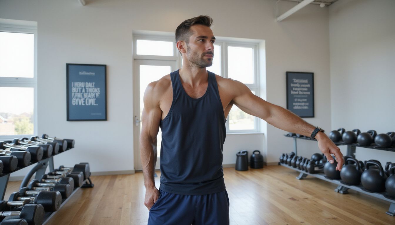 A man stretches in a modern, well-equipped gym with motivational posters.