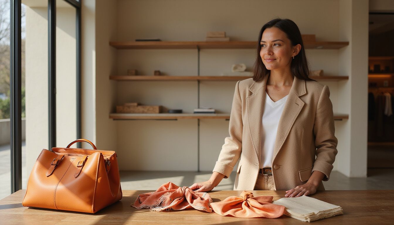 A minimalist Hermes product display in a sophisticated boutique setting. A minimalist Hermes product display in a sophisticated boutique setting.