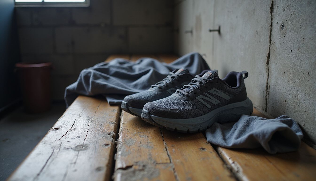 A pair of worn Hoka running shoes and workout clothes on a bench. A pair of worn Hoka running shoes and workout clothes on a bench.