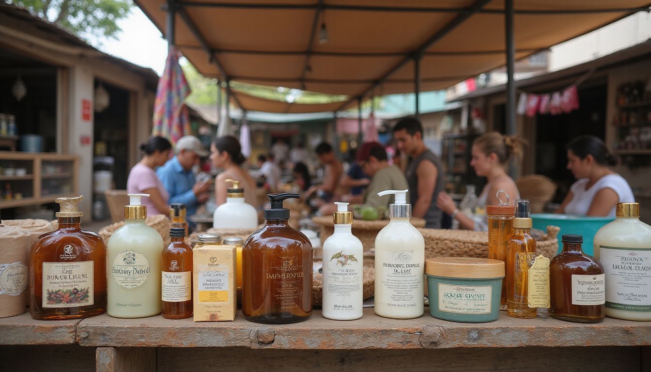 A variety of beauty products arranged on rustic shelves in an open-air market. A variety of beauty products arranged on rustic shelves in an open-air market.