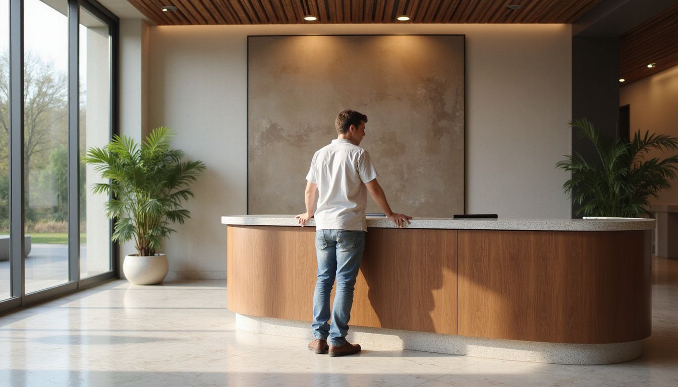 A modern hotel lobby with minimalist design and a guest checking in. A modern hotel lobby with minimalist design and a guest checking in.