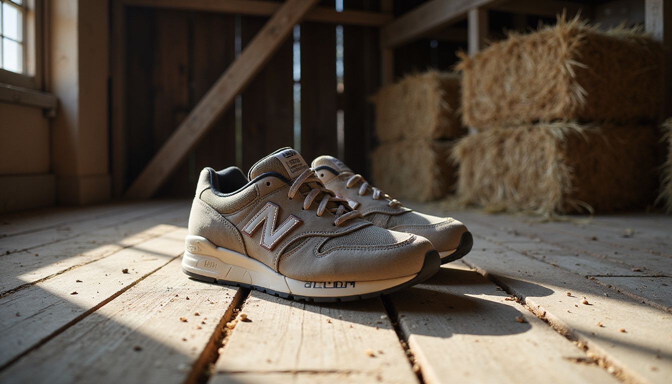 A worn pair of New Balance sneakers sits on a weathered barn floor. A worn pair of New Balance sneakers sits on a weathered barn floor.